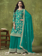 Turquoise Dola Silk Jacquard Palazzo Suit