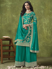 Turquoise Dola Silk Jacquard Palazzo Suit