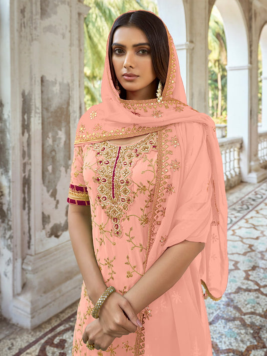 Peach Embroidered Partywear Palazzo-Suit