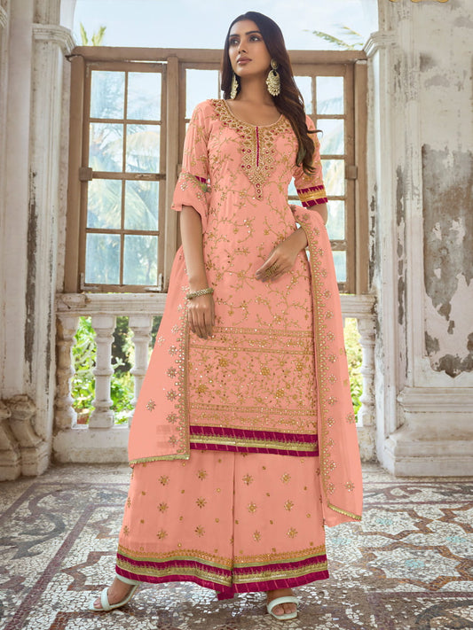 Peach Embroidered Partywear Palazzo-Suit