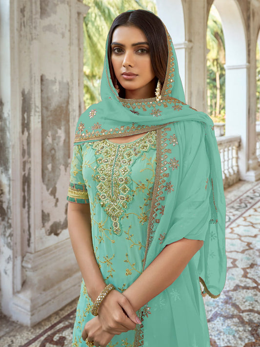 Green Embroidered Partywear Palazzo-Suit