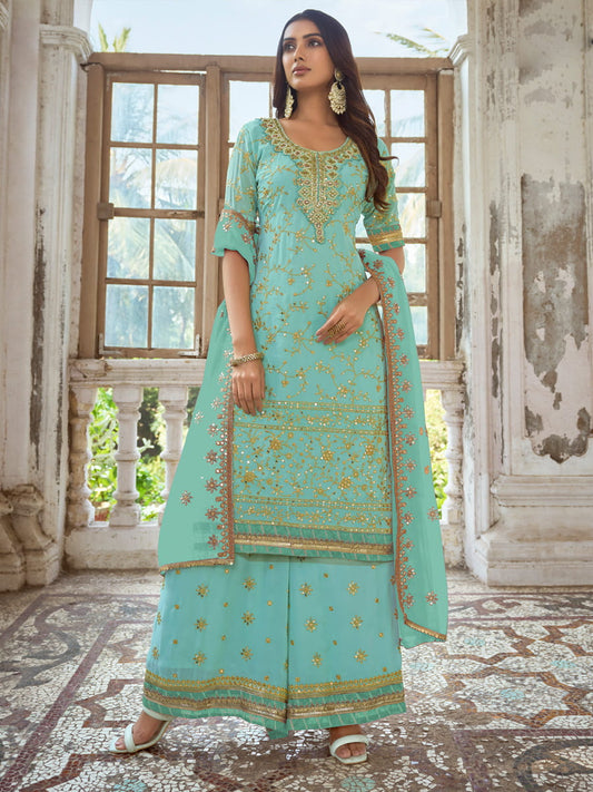 Green Embroidered Partywear Palazzo-Suit