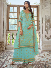 Green Embroidered Partywear Palazzo-Suit