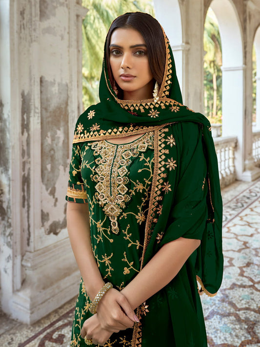 Green Embroidered Partywear Palazzo-Suit