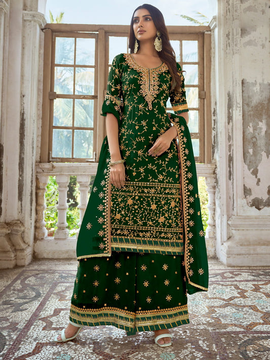 Green Embroidered Partywear Palazzo-Suit