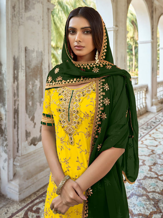 Yellow Embroidered Partywear Palazzo-Suit