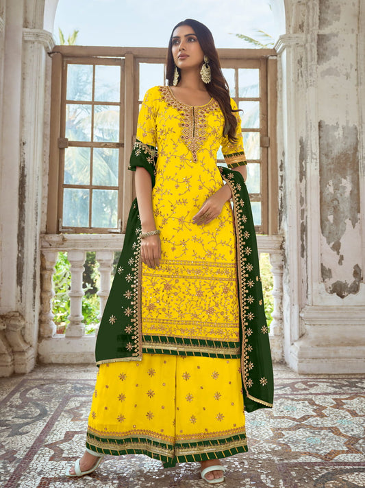 Yellow Embroidered Partywear Palazzo-Suit