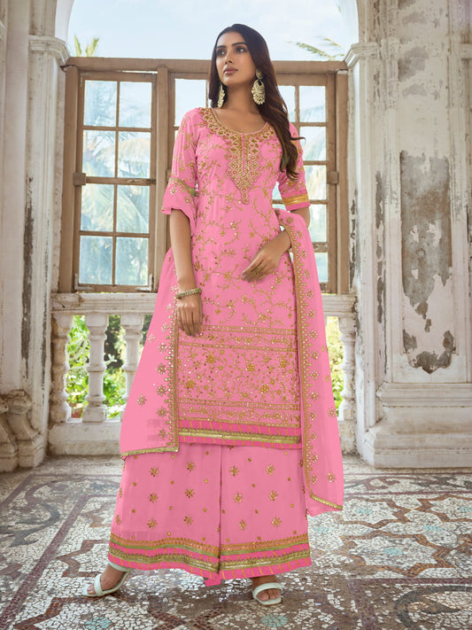 Pink Embroidered Partywear Palazzo-Suit