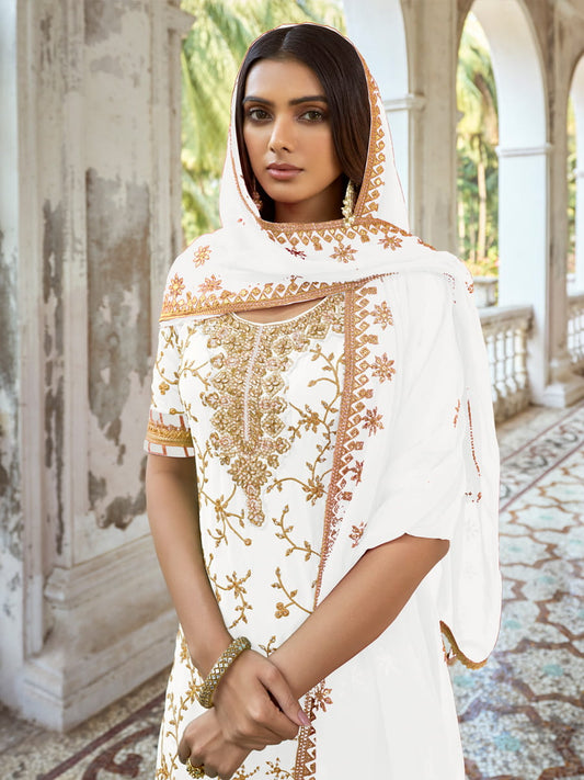 White Embroidered Partywear Palazzo-Suit