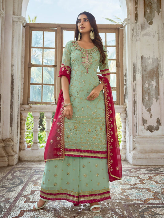 Sea Green Embroidered Partywear Palazzo-Suit