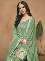 Green Chinnon Resham & Sequins Embroidered Palazzo Suit