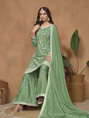 Green Chinnon Resham & Sequins Embroidered Palazzo Suit