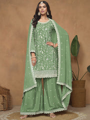 Green Chinnon Resham & Sequins Embroidered Palazzo Suit