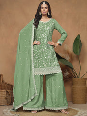 Green Chinnon Resham & Sequins Embroidered Palazzo Suit