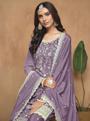 Purple Chinnon Resham & Sequins Embroidered Palazzo Suit