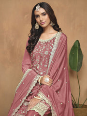 Peach Chinnon Resham & Sequins Embroidered Palazzo Suit