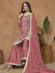 Peach Chinnon Resham & Sequins Embroidered Palazzo Suit