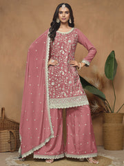 Peach Chinnon Resham & Sequins Embroidered Palazzo Suit