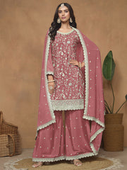 Peach Chinnon Resham & Sequins Embroidered Palazzo Suit