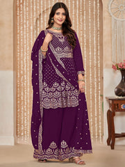 Purple Embroidered Wedding Festive Suit