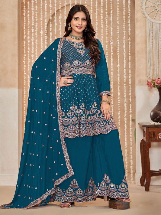 Blue Embroidered Wedding Festive Suit