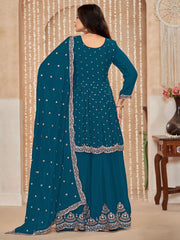 Blue Embroidered Wedding Festive Suit