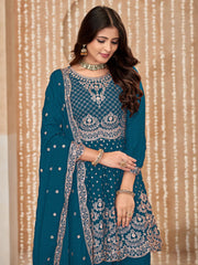 Blue Embroidered Wedding Festive Suit