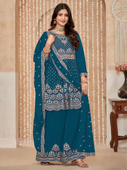 Blue Embroidered Wedding Festive Suit