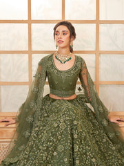 Olive Green Thread Embroidery Traditional Lehenga Choli And Dupatta