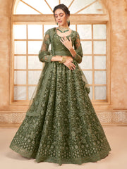 Olive Green Thread Embroidery Traditional Lehenga Choli And Dupatta