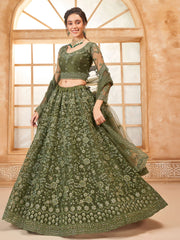 Olive Green Thread Embroidery Traditional Lehenga Choli And Dupatta