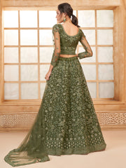 Olive Green Thread Embroidery Traditional Lehenga Choli And Dupatta