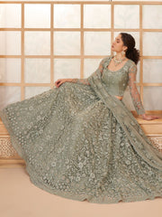 Pale Green Thread Embroidery Traditional Lehenga Choli And Dupatta