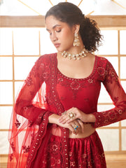 Red Thread Embroidery Traditional Lehenga Choli And Dupatta