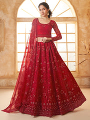 Red Thread Embroidery Traditional Lehenga Choli And Dupatta