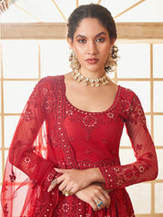 Red Thread Embroidery Traditional Lehenga Choli And Dupatta