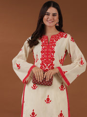 Off White Floral Embroidered Notched Neck Thread Work Straight Kurta with Trousers