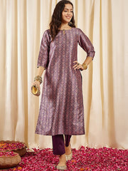 Mauve Ethnic Motifs Printed Regular Brocade Kurta with Trousers