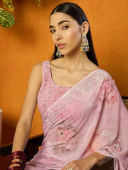 Pink Floral Beads and Stones Poly Georgette Saree