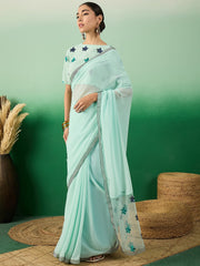 Green Floral Embroidered Saree With Blouse Piece