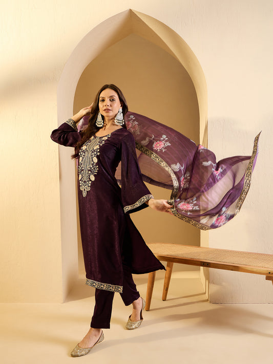 Women Floral Yoke Design Regular Velvet Kurta with Trousers & With Dupatta