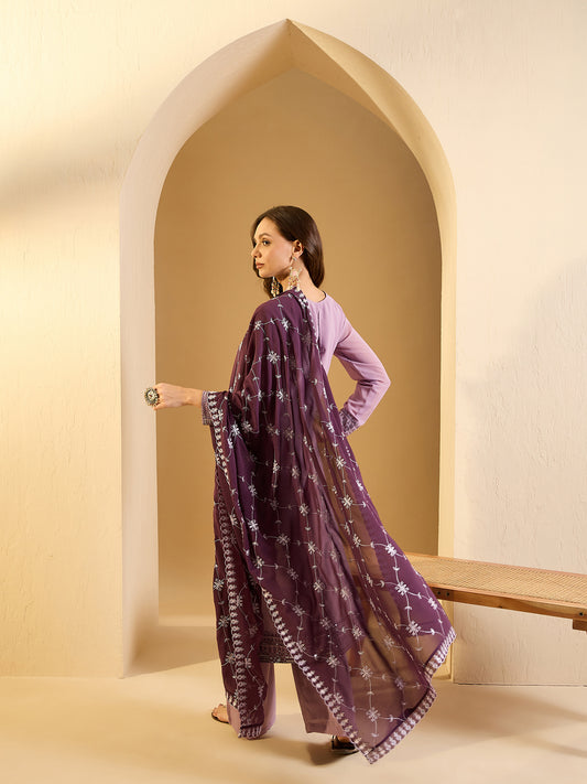 Ethnic Motifs Yoke Design Sequinned Straight Kurta With Palazzos & Dupatta