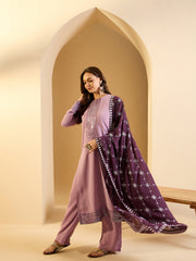 Ethnic Motifs Yoke Design Sequinned Straight Kurta With Palazzos & Dupatta