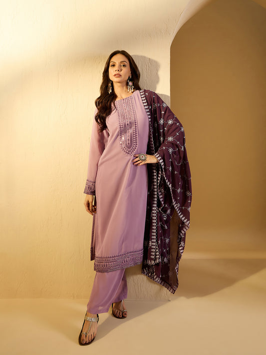 Ethnic Motifs Yoke Design Sequinned Straight Kurta With Palazzos & Dupatta