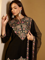 Women Floral Yoke Design Regular Thread Work Kurta with Palazzos & With Dupatta