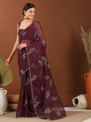 Maroon Floral Embroidered Organza Saree