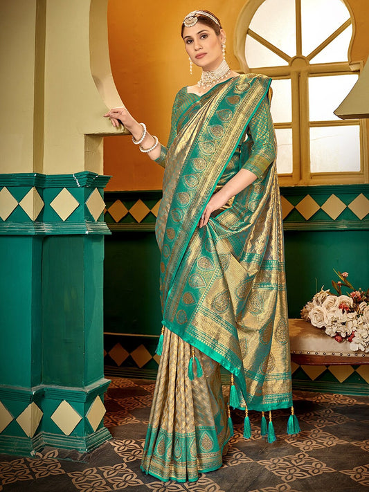 Women Gold Soft Silk Zari Woven Traditional Saree with Swaroski Diamonds