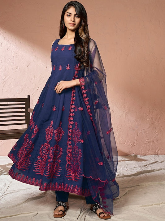 Floral Embroidered Thread Work Pure Cotton Kurta with Trousers & Dupatta