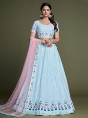 Sky Blue Georgette Embroidered Lehenga Choli