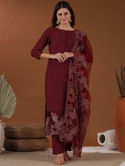 Maroon Floral Zari Embroidered Kurta With Trouser & Dupatta